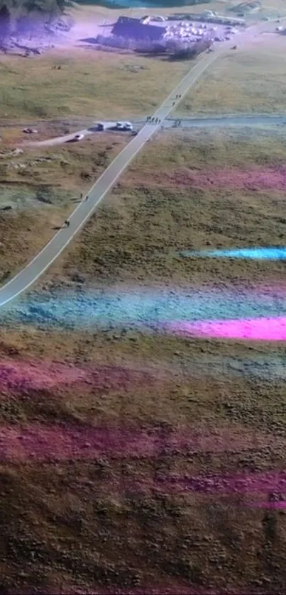 Aerial view of a colorful road with vibrant pastel hues.