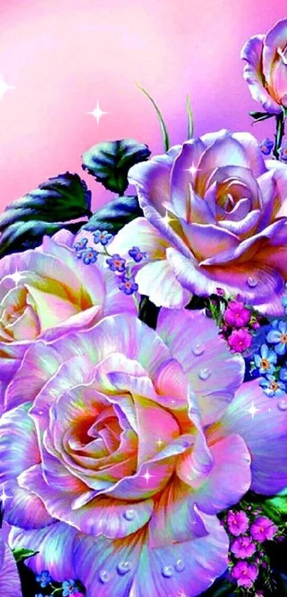 Vibrant pastel roses against a pink background.