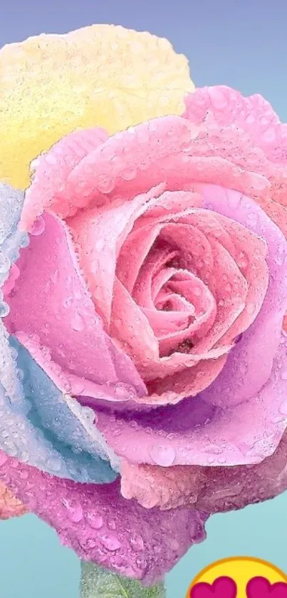 Vibrant pastel rose with dewdrops on a colorful gradient background.