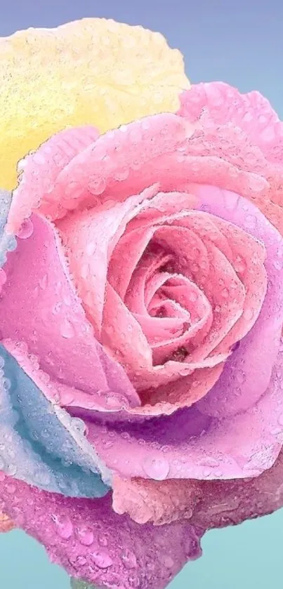 Close-up of a vibrant pastel rose with dewdrops.