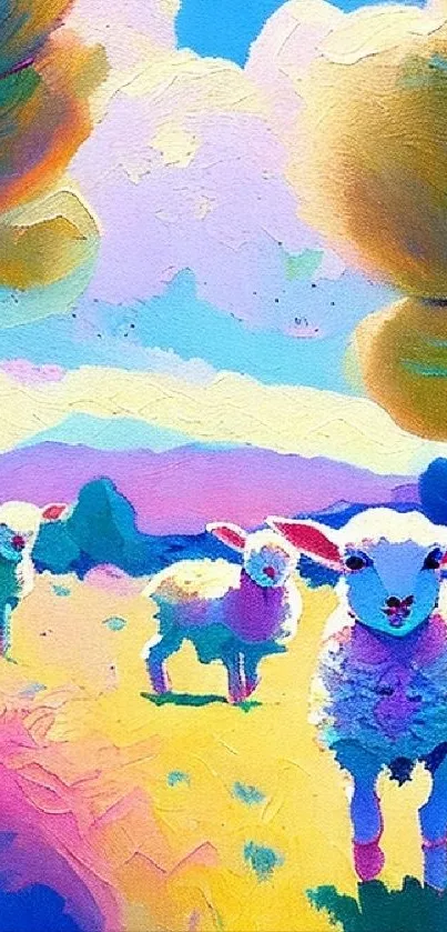 A vibrant and colorful sheep painting set in a pastel meadow landscape.