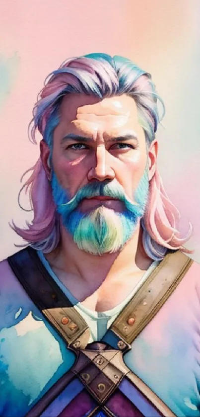 Watercolor style warrior with pastel hair and beard in vibrant hues.