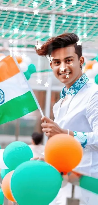 Vibrant patriotic wallpaper with Indian flag and colorful balloons.