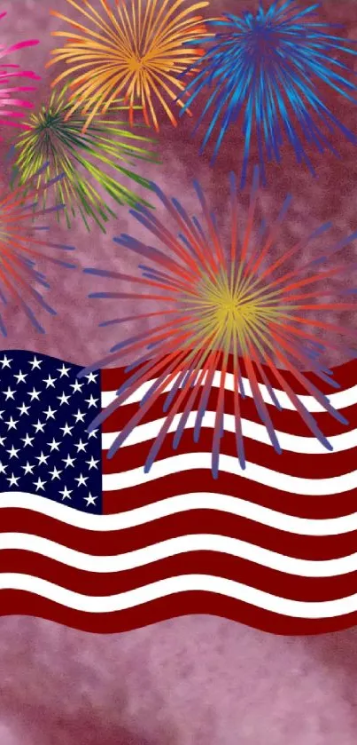 Vibrant fireworks over American flag on pink background.