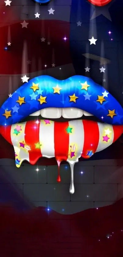 Patriotic lips with stars and stripes in vibrant colors.