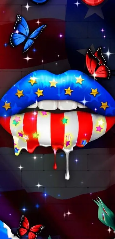 Vibrant patriotic lip art with butterflies and roses in a colorful design.