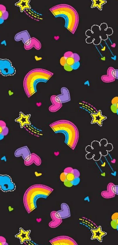 Colorful playful wallpaper with rainbows, hearts, and stars on a black background.