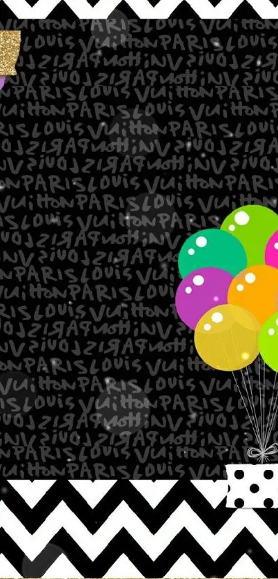 Black and white zigzag wallpaper with colorful balloons.