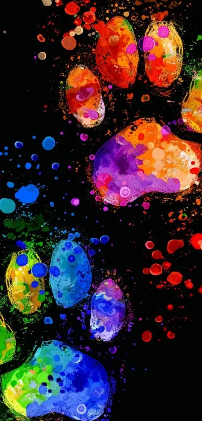 Vibrant multicolored paw print art on black background.