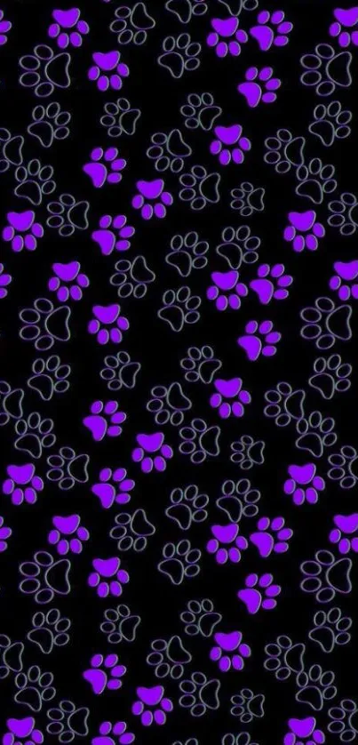 Wallpaper with purple paw prints on black background.