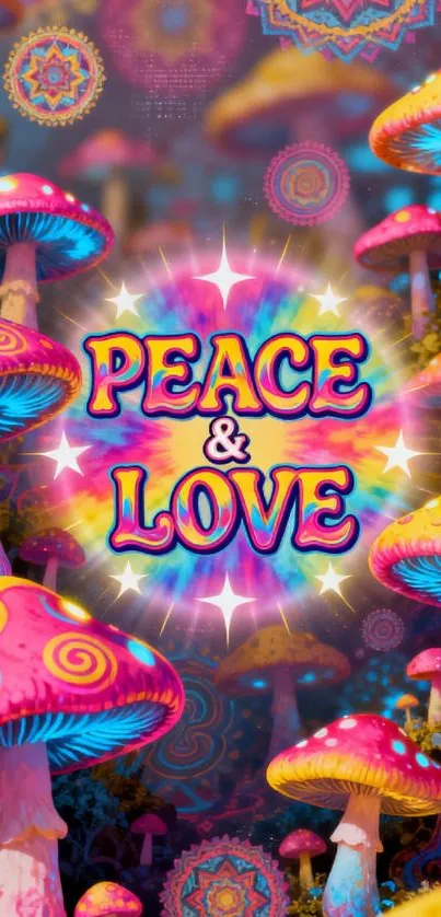 Psychedelic wallpaper with colorful mushrooms and 'Peace & Love' text.