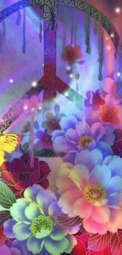 Colorful peace sign with vibrant flowers and butterfly.