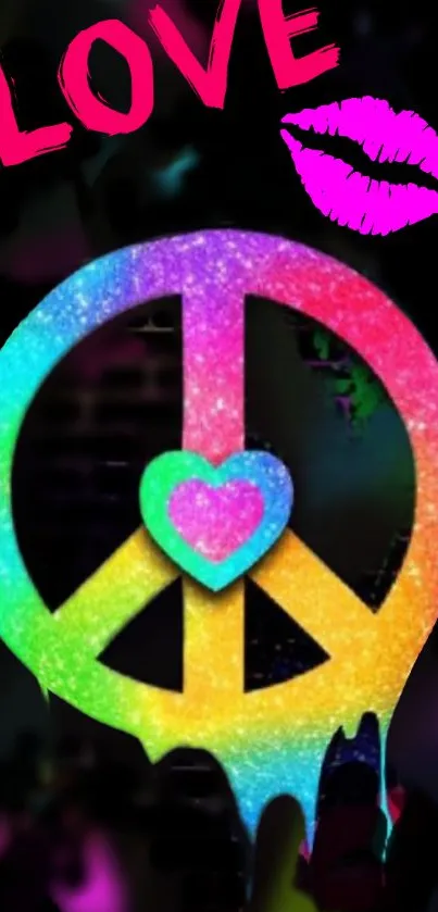 Colorful peace symbol with love elements on a dark background.