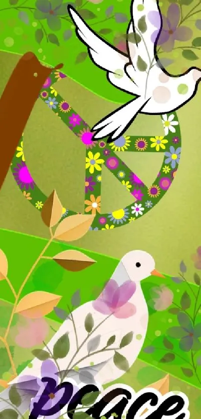 Peace dove wallpaper with vibrant flowers and a green background.