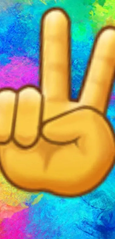 Peace hand emoji on a colorful background with bright hues.