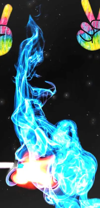 Blue flame with colorful peace signs, set against a black background.