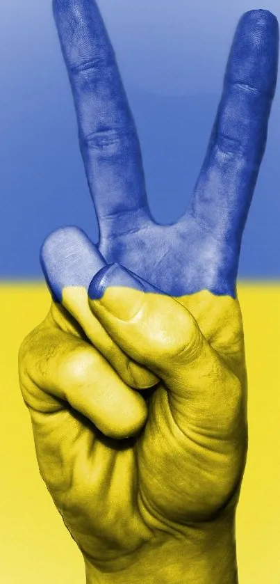 Vibrant blue and yellow peace gesture wallpaper.