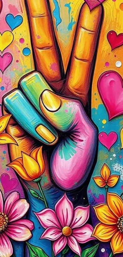 Colorful peace hand with vibrant flowers and hearts.