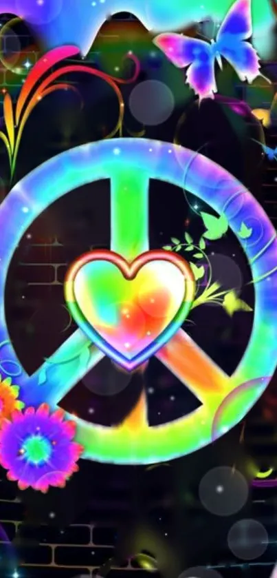 Vibrant peace sign with heart, flowers, and butterflies on a colorful background.