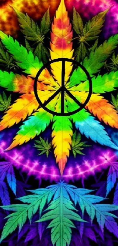 Vibrant rainbow leaf with peace symbol art.