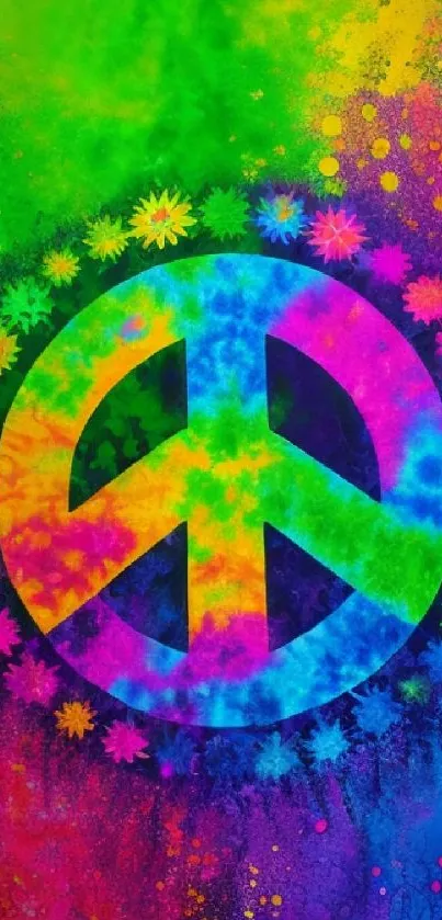 Vibrant neon peace sign with colorful splatter design.