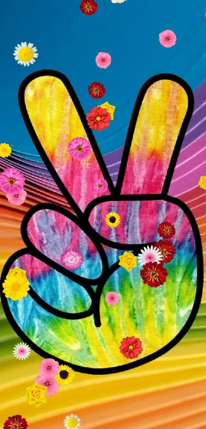 Vibrant rainbow wallpaper with peace sign.