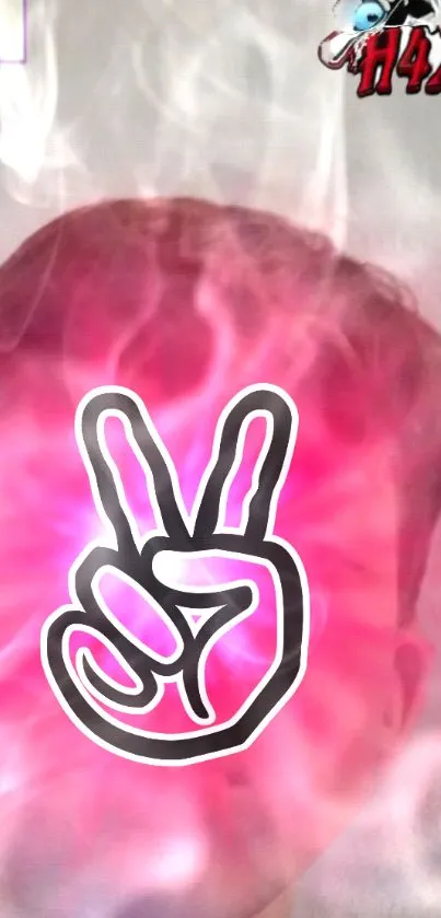 Vibrant pink peace sign with smoky background.