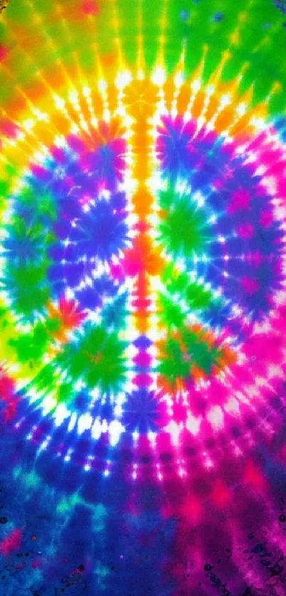 Peace sign tie-dye wallpaper with vibrant rainbow colors.