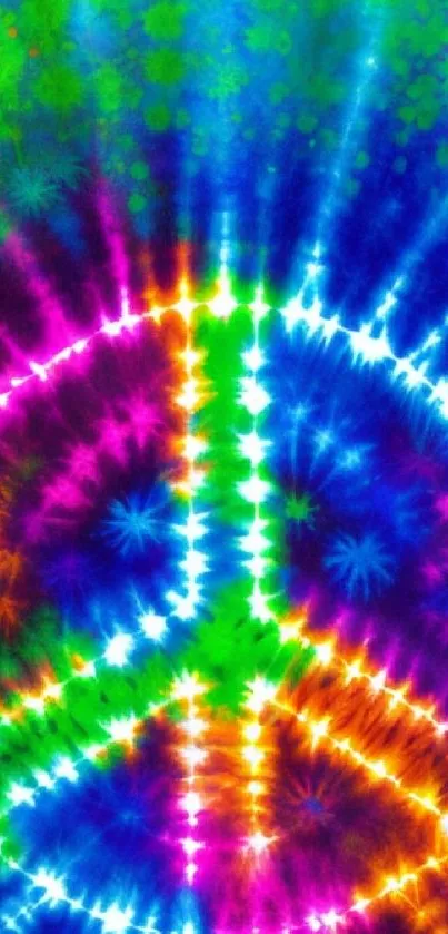 Colorful tie-dye peace sign wallpaper in vibrant rainbow hues.