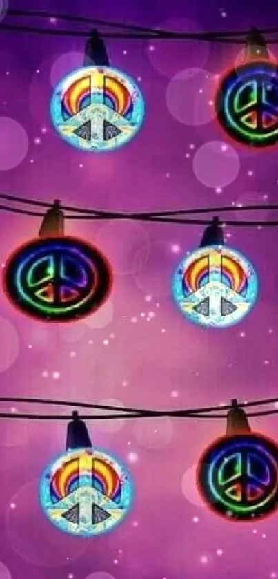 Colorful peace signs on purple wallpaper.