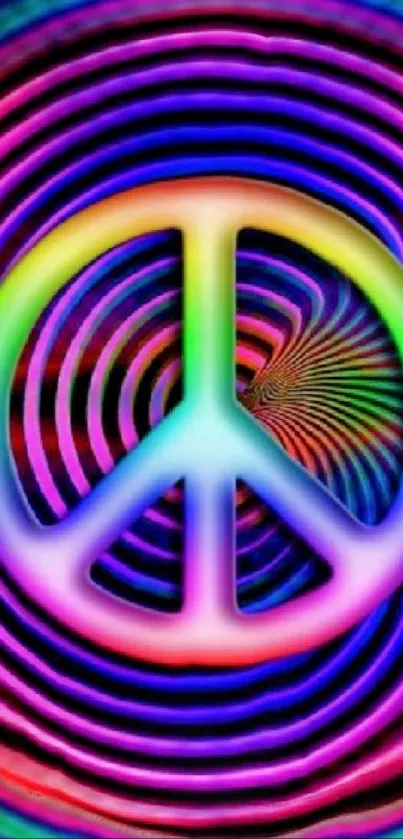 Colorful psychedelic mobile wallpaper with peace sign and spirals.