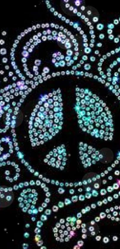 Vibrant peace sign with multicolored sparkles on a black background.