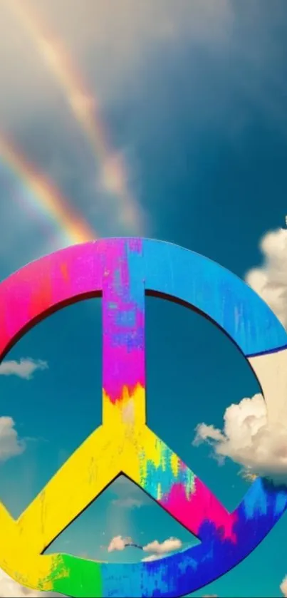 A colorful peace symbol with clouds and rainbow in the sky.
