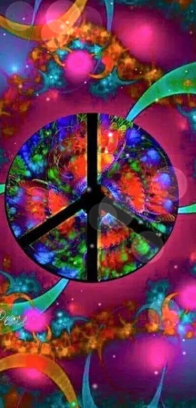 Psychedelic peace symbol on a vibrant digital wallpaper.