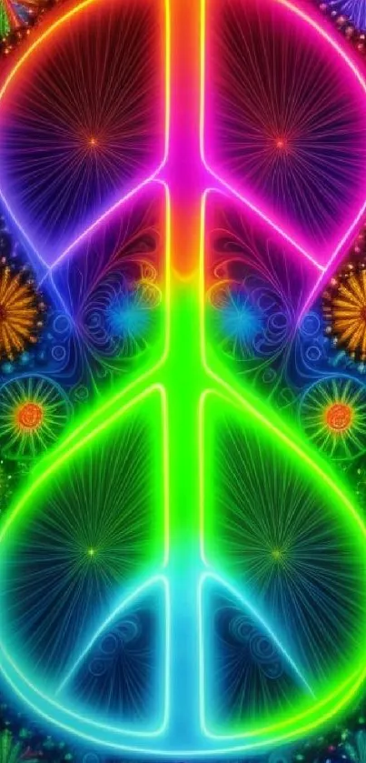 Vibrant neon peace symbol with abstract details