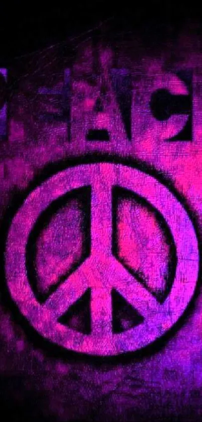 Vibrant purple and pink peace sign wallpaper with a textured background.