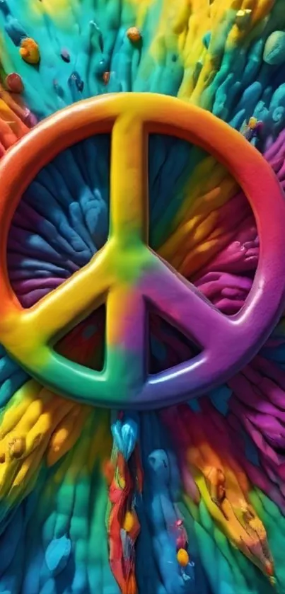 Colorful peace symbol against vibrant rainbow splash background.