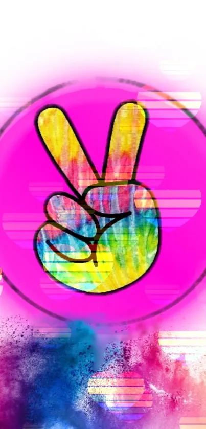 Vibrant wallpaper featuring a colorful peace hand symbol on a pink background.