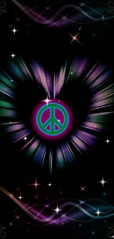 Vibrant peace symbol with colorful heart design on dark background.