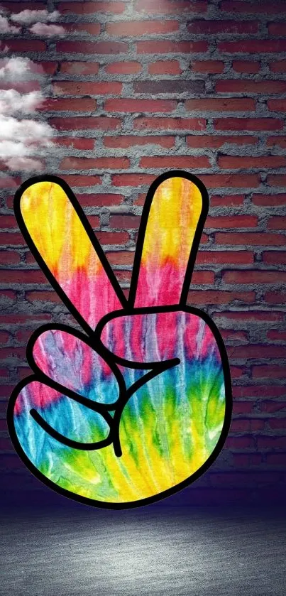 Colorful peace sign art on brick wall wallpaper.