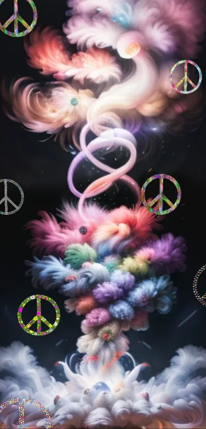 Colorful clouds with peace symbols on a black background.