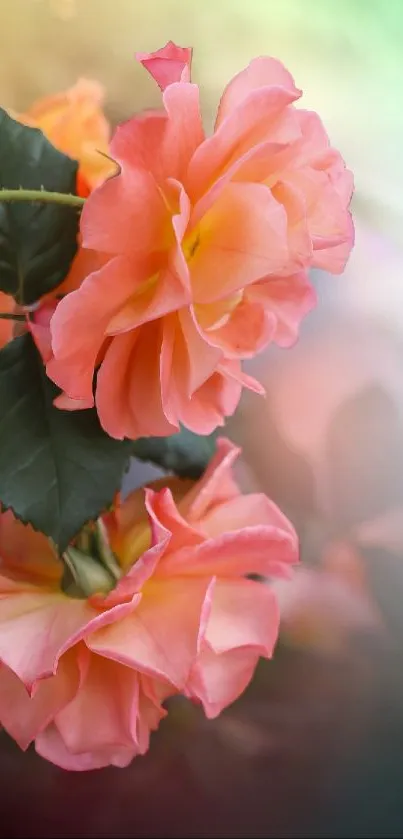 Mobile wallpaper with vibrant peach roses and green leaves creating a serene backdrop.