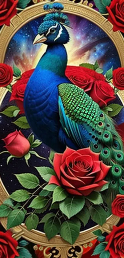 Colorful peacock with red roses and cosmic background.