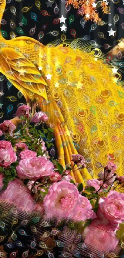 Yellow peacock with pink roses, vibrant art wallpaper.