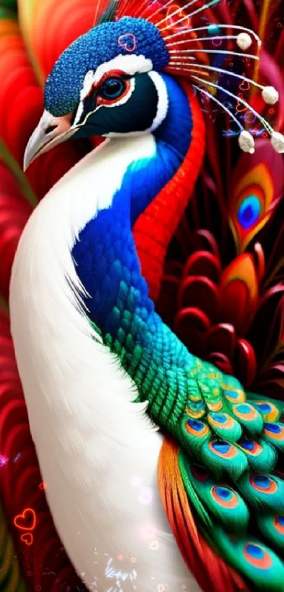 Colorful peacock with vibrant red feathers depicted in artistic mobile wallpaper.