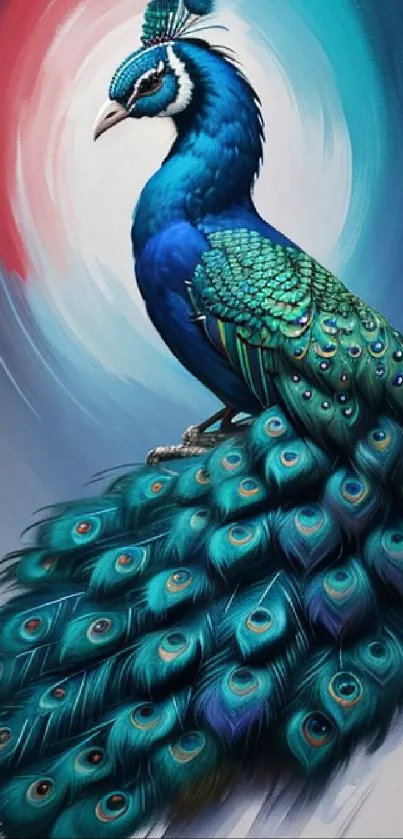 A vibrant peacock with colorful plumage in an artistic digital painting.