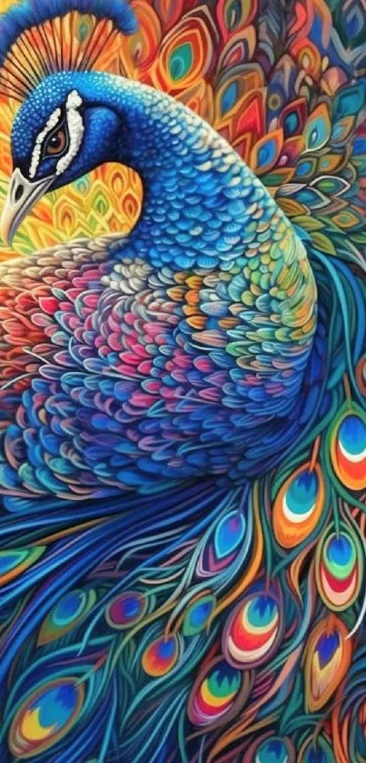 Vibrant colorful peacock illustration with intricate feather details.