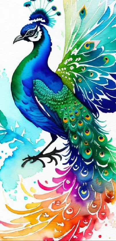 Vibrant watercolor peacock with colorful feathers creates an enchanting phone wallpaper.