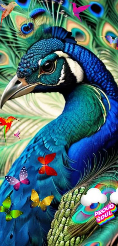 Vibrant peacock with colorful feathers and decorative accents.