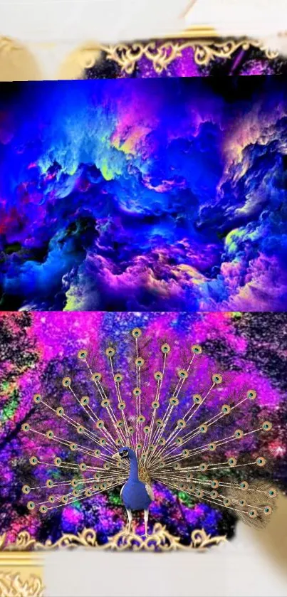 Vibrant peacock artwork with abstract colorful background.